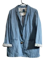 J Jill Denim Jacket Blazer Linen Cotton Floral Cuffs Boho Cottagecore Medium