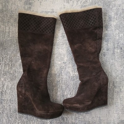 GUCCI MICROGUCCISSIMA BROWN SUEDE SHEARLING Platform KNEE HIGH BOOTS SZ 39