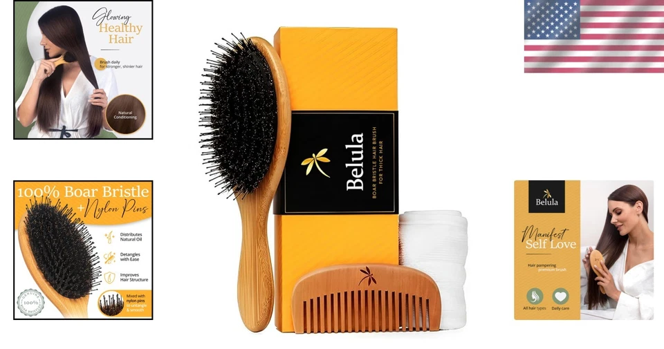 Juego de cepillos desenredantes de cerdas de jabalí con peine de madera y diadema de spa - Listo para viajar Foto 2 de 4