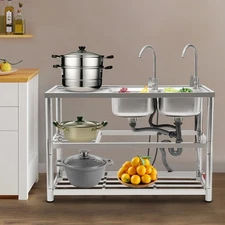 Stainless Steel Kitchen Sink Free Standing Double-bowl Commercial Sink Set
