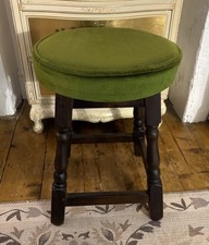Vintage Pub Stool On Solid Wooden Turned Legs Cushioned Upholstered Green Velvet