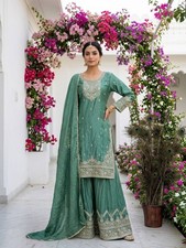 Rama Green Heavy Fancy Silk Readymade India Embroidered Salwar Suit Wedding Wear