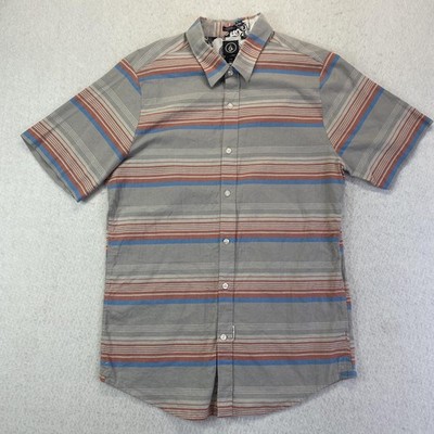 Volcom Shirt Mens Large Gray Striped Slim Fit Vorzy Short Sleeve Skater