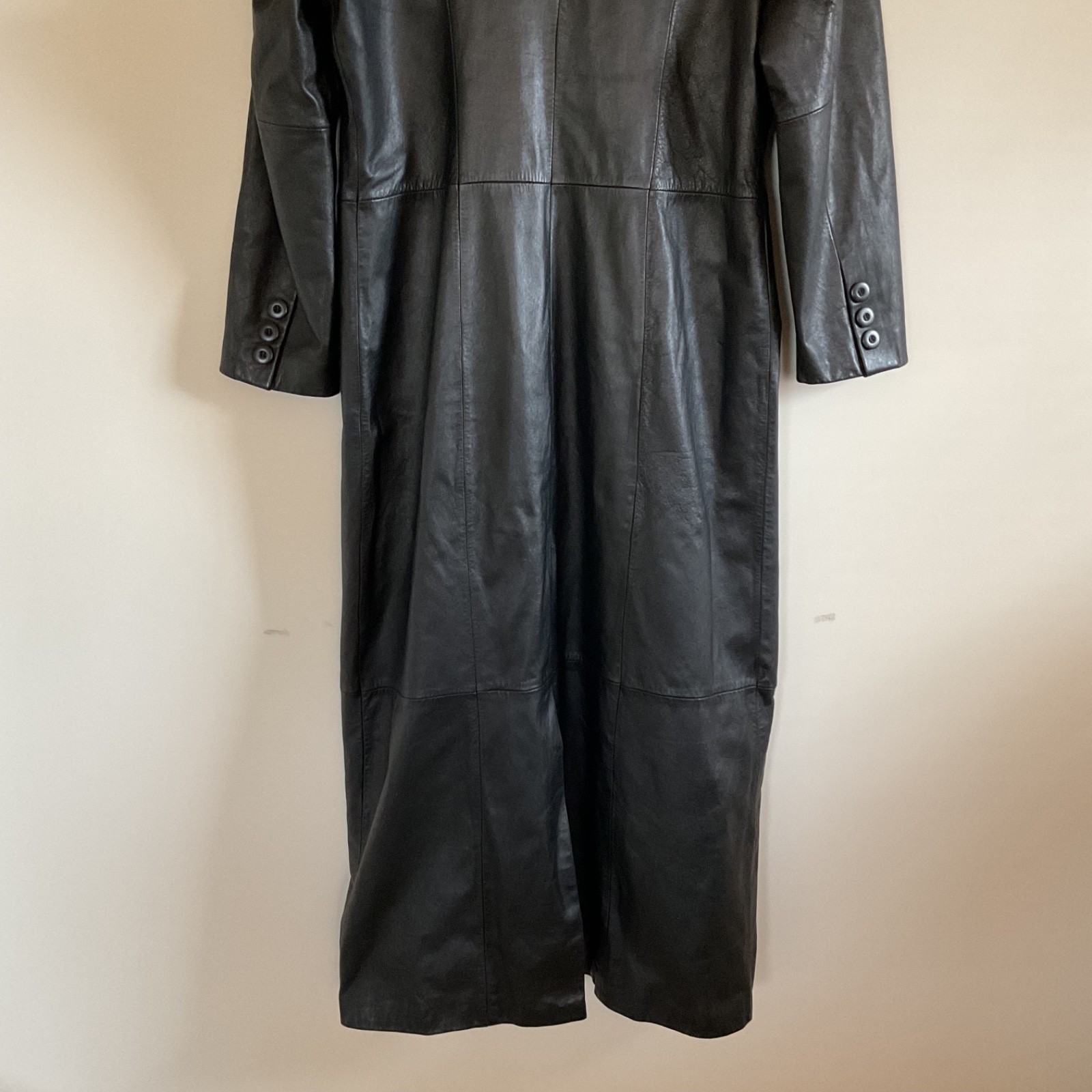 VTG Wilsons Maxima Black Leather Long Trench Duster Coat Womens L Matrix Sleek image 7