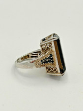 925 Sterling Silver Smoky Quartz Statement Ring w/ Black Accents Size 6
