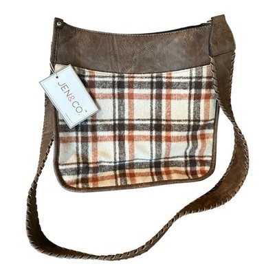 Jen Co Crossbody Bag Medium Brown Plaid Vegan Faux Leather Purse Cozy Pockets 1x