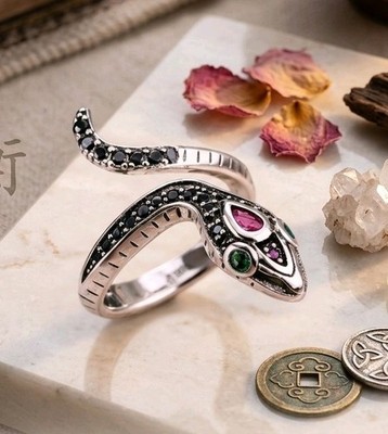 925 Solid Sterling Silver Snake Ring Zirconia Adjustable + Gift Box