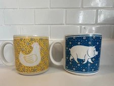 Vintage Coffee Mug Lot JSNY Chicken Pig Calico Country Farmhouse Yellow Blue