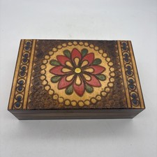 Vtg Hand Carved Wooden Trinket Box Floral Folk Art Jewelry Keepsake Wood Poland