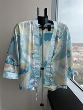 Oscar de la Renta Pink Label Satin Floral Robe Blue 3/4 Sleeve Size M