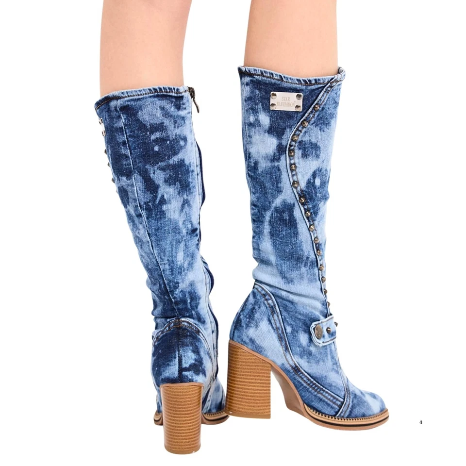 Cowboy Denim Boots, Handmade Women's Sports Boots, Blue Women's Boots, Heeled B - Image 3 of 4