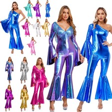Womens 80s Disco Dance Outfits Shiny Metallic Sequin Fringed Flared Jumpsuit