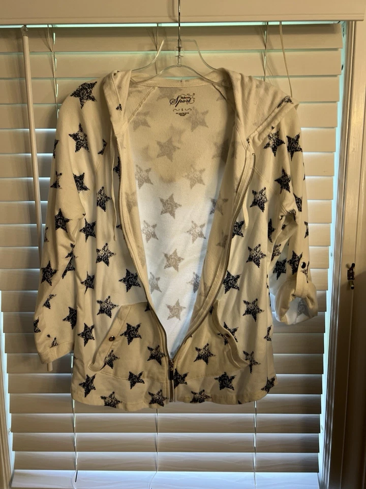 Style & Co Sport Full Zip Hoodie White/Blue Stars Womans S Roll Tab Sleeves - Image 3 of 4