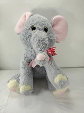 Hugfun Gray Elephant Plush Stuffed Animal XOXO Pink Bow Valentines Glitter Eyes