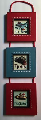 Wall Décor 3D: Jet Plane, Train, Tugboat, Red & Blue Wood Frames Boys Nursery