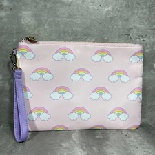 Stoney Clover Lane Pink With All Over Rainbows Wristlet Gold Colored Hardware