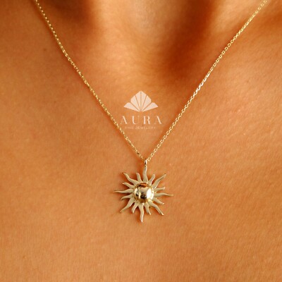 14K Gold Sun Necklace, Solar Celestial Glowing Necklace, Sun Charm Delicate Neck