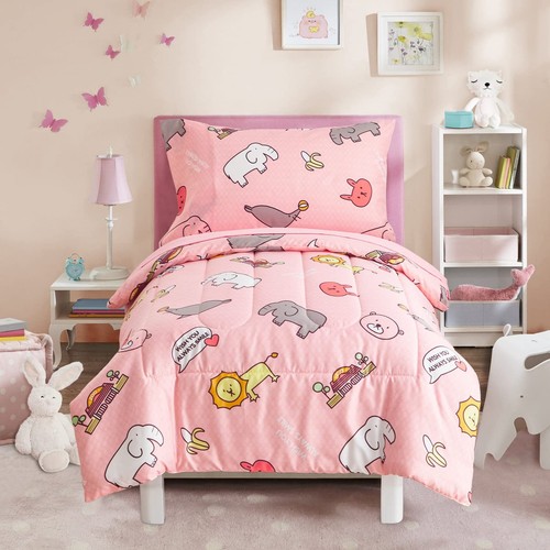 4 Pieces Pink Toddler Bedding Set Elephant Lion Animals Printed for Baby Girl...