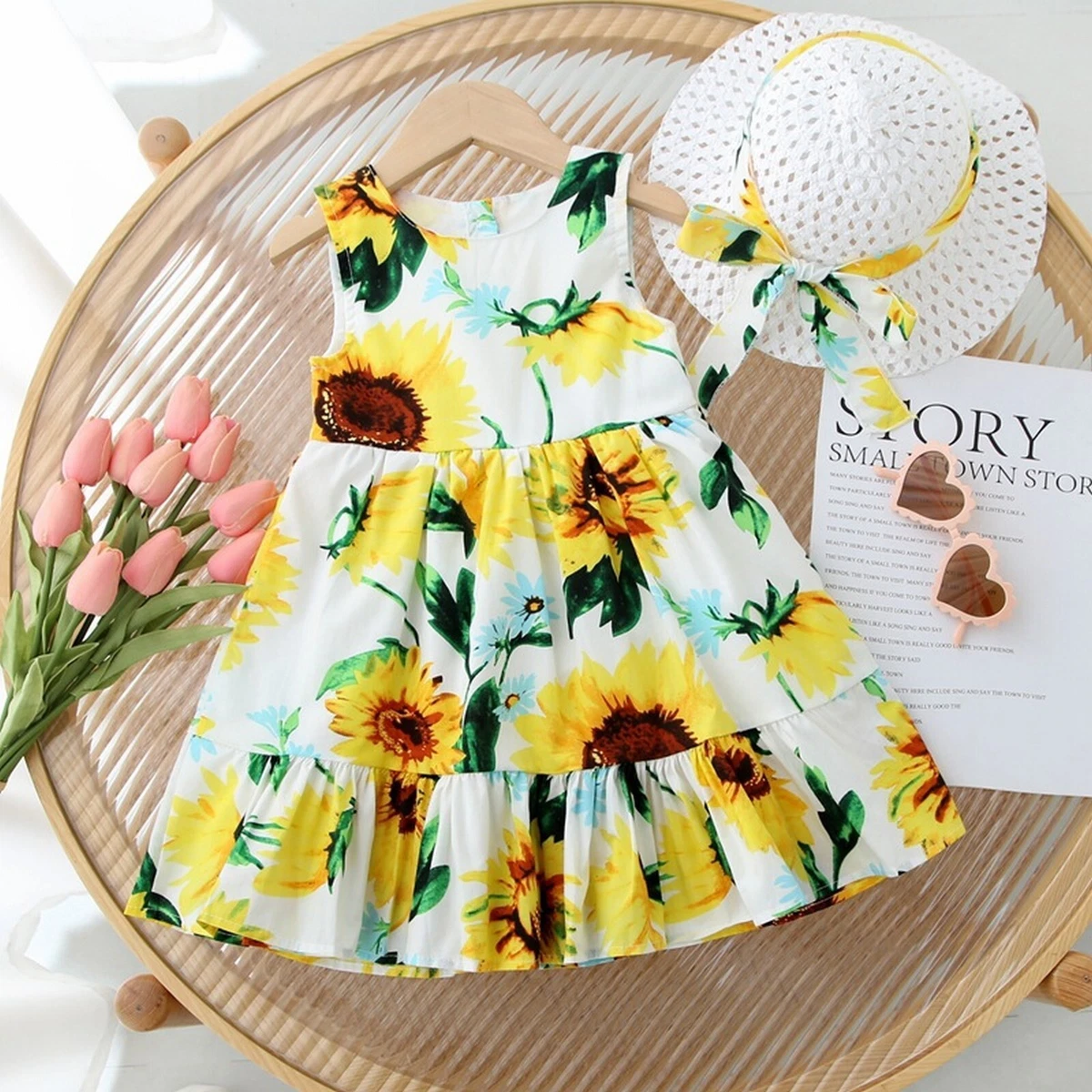 Girls Dresses Summer Girls Dress Fashion Sunflower Skirt Cotton Skirt Hat Soft