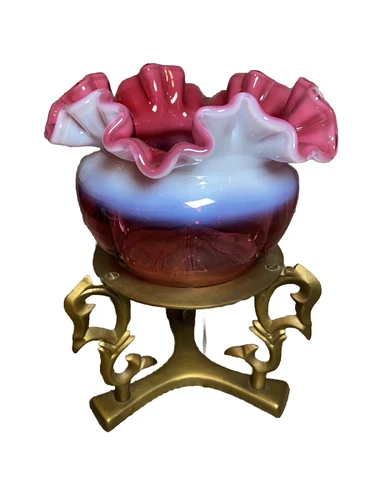 Vintage Fenton Glass Cranberry Pink & White Ruffled Edge Glass Vase Brass Stand