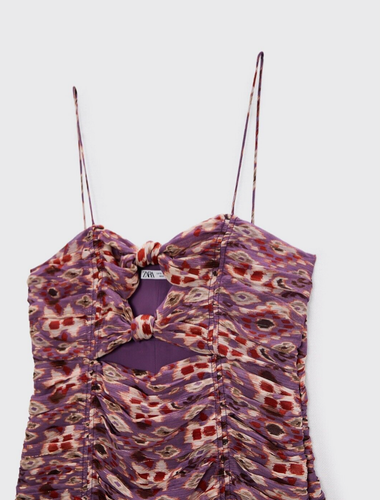 ZARA Print Ruched Dress Small Purple Fitted Mini Double Knot Front Bloggers Fave - Picture 3 of 12