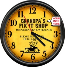 Grandpa's Dad's Pop's Fix It Shop Gift Garage Repair Auto Retro Sign Wall Clock