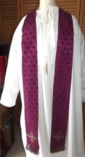 Clerical STOLE Purple Square Crosses Silk Damask Pale Gold Lining w/Fringe AS-IS