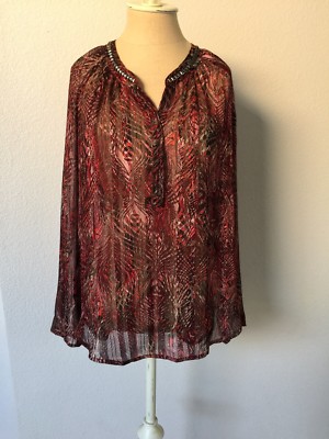 Cache Women's Size M Sheer, Beaded V-Neck MaroonAnimal Print Long Sleeve Blouse