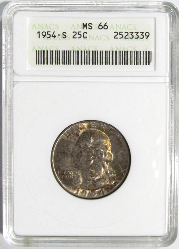 1954-S WASHINGTON Silver Quarter ANACS MS 66