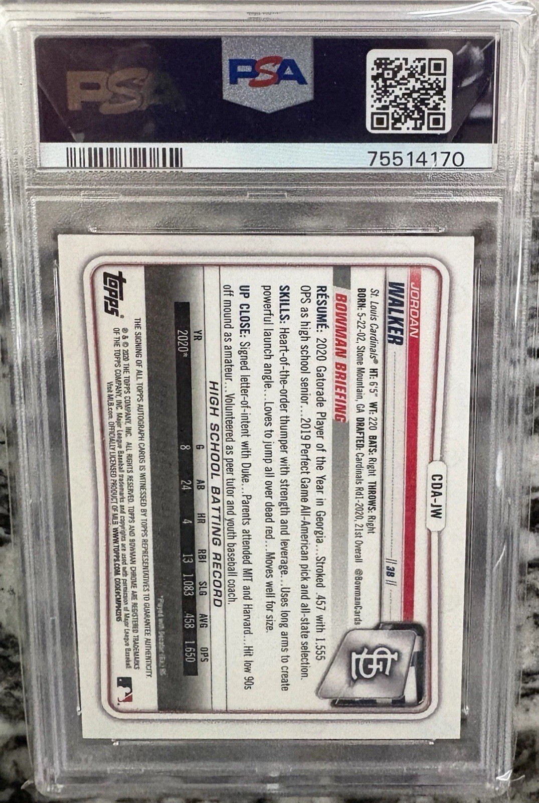 PSA 10 JORDAN WALKER AUTO 2020 Bowman Chrome PURPLE Refractor #/250 RC GEM MINT view 2