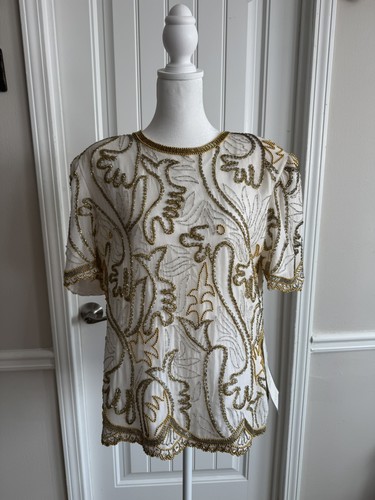 LAURENCE KAZAR vintage silk short sleeve beaded ivory gold top blouse Large NEW