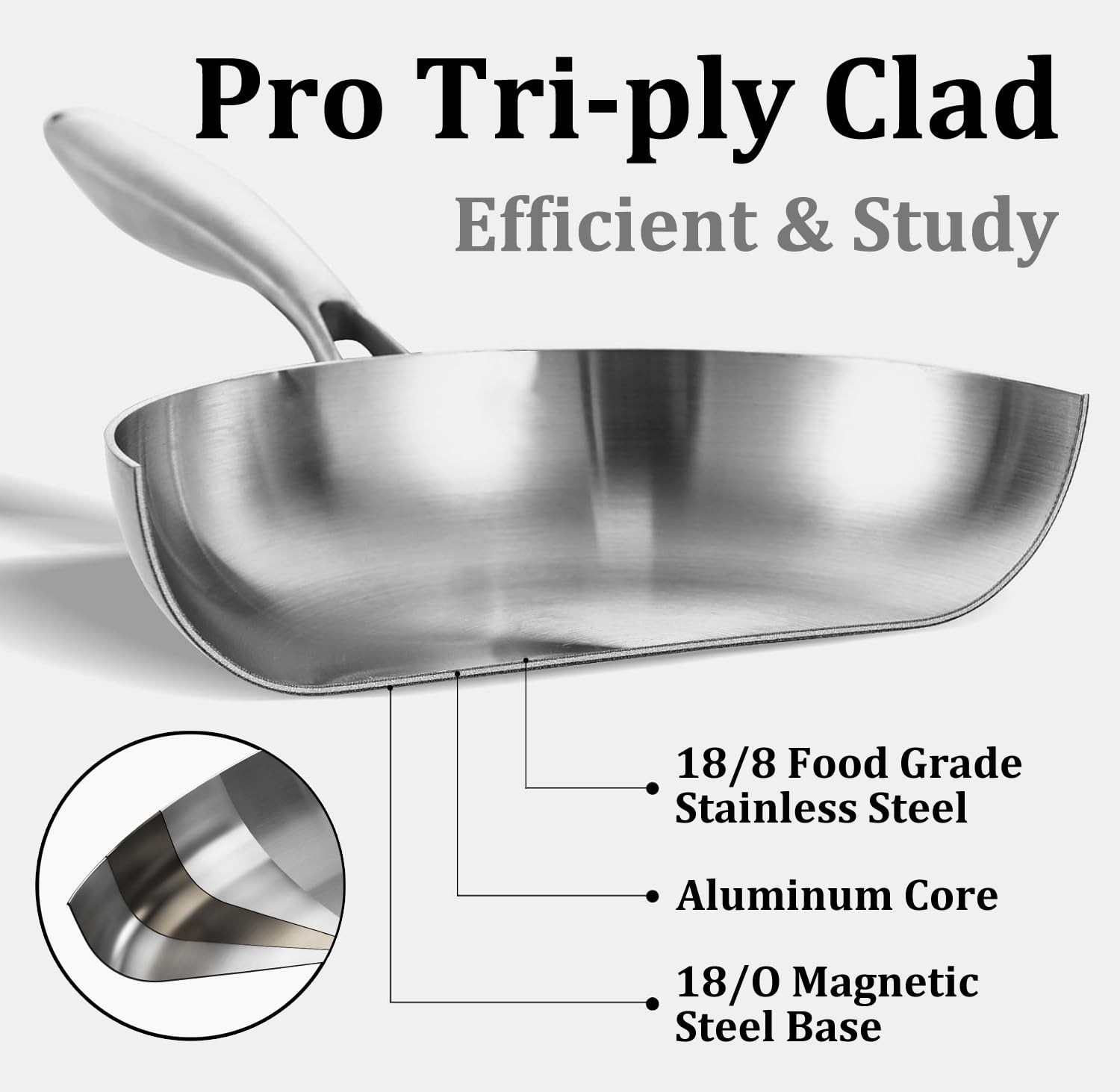 12Inch Tri-Ply Stainless Steel Frying Pan with Lid,Skillet,Induction Cooking Pan