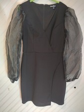 Crystal Doll Little Black Dress Size Large Sheer Puffy Long Sleeve Form Fitting