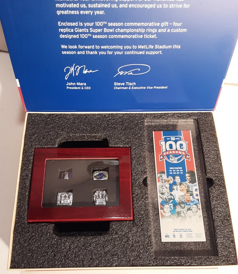 NEW YORK GIANTS 100th ANIVERSARY SEASON TICKET HOLDER BOX 4 RINGS + TICKET SET  - Image 1 of 4