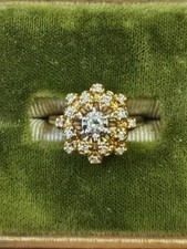 Antyczny 14K żółte złoto Niebieski diamentowy pierścionek cluster. Rozmiar 4 1/2