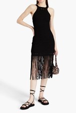 SANDRO Susanne Black Crochet Knit Fringe Halter Midi Dress Size 40
