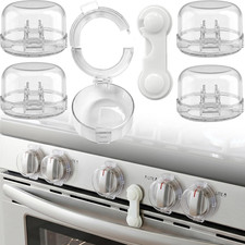 Stove Knob Safety Covers, V-0 Flame Retardant, 5 Covers  1 Lock