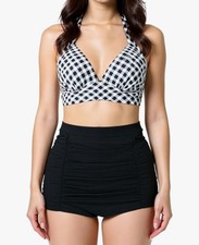 Retro 50s High Waisted Bikini Gingham Check Swimsuit - Black & White Size 10-12