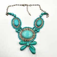 VTG Southwestern Faux Turquoise Beaded Statement Bib Necklace Gold Tone Tribal