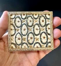 Vintage Blue & Gold Sparkle Floral Compact - Micro Mosaic Style, Heavy Gold Tone