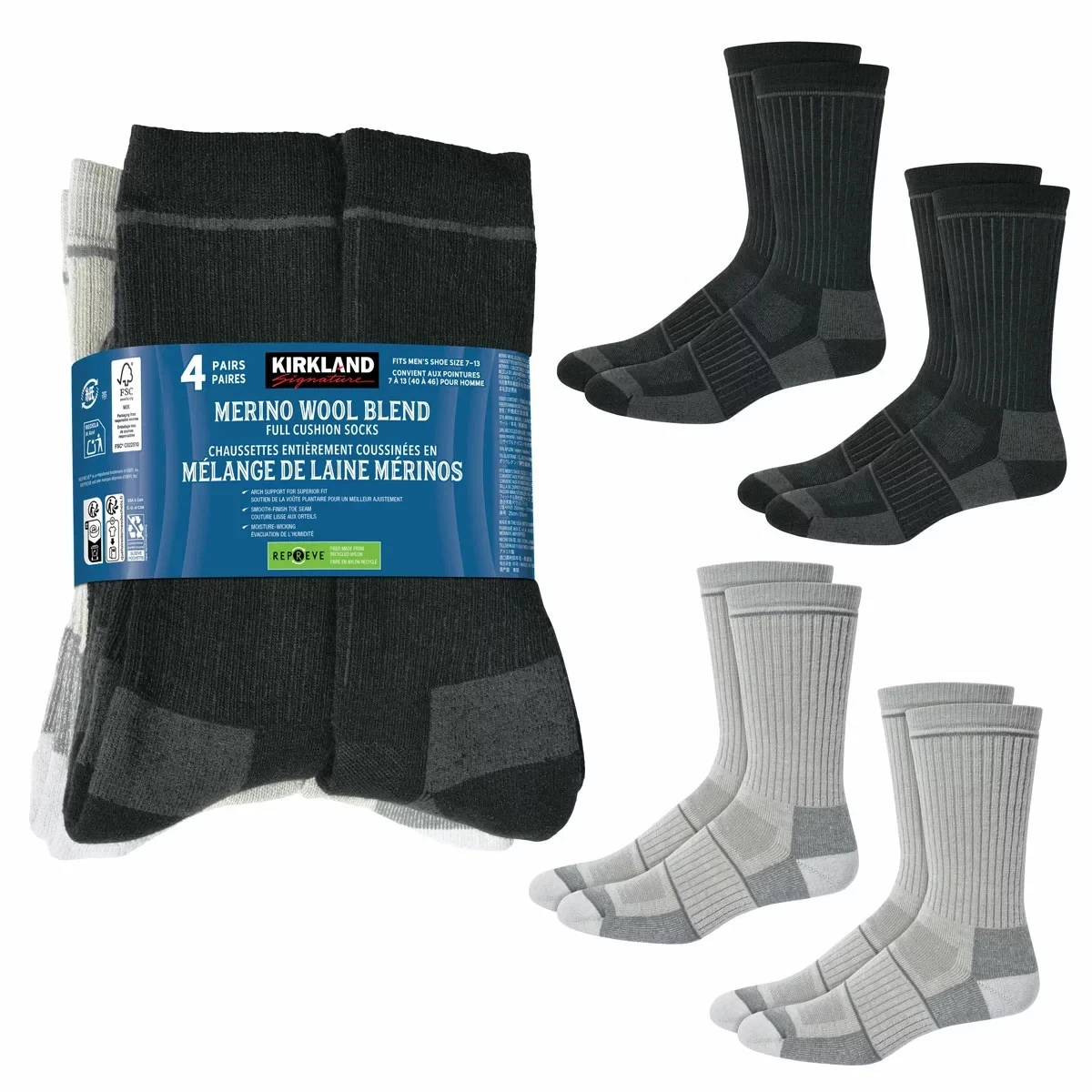 Kirkland Signature Merino Wool 57% ,Warm Comfy Socks 4 pack Size 7-13
Opens in a new window or tab
