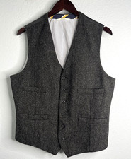 Merona Mens M Black Gray Herringbone Wool Tweed Retro Suit Waistcoat Vest