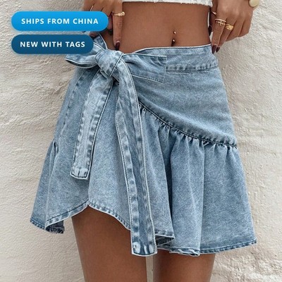 Women's Ruffled Hem High Waist Bow Tie Denim Skirt Ruched Zipper Cotton