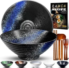 8-Inch Ceramic Ramen Bowl Set of 2 (9 Piece) - 8inches/ 2 Sets, A:BLUE 