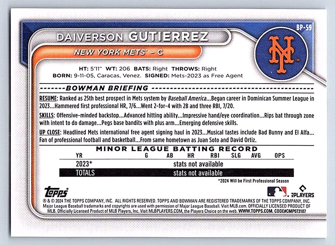 DAIVERSON GUTIERREZ METS 2024 BOWMAN PROSPECTS #BP-59 | eBay