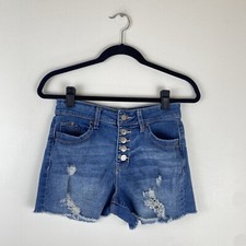 YMI Wannabettabutt Juniors 5/27 High Rise Jean Shorts Button Fly Distressed Blue