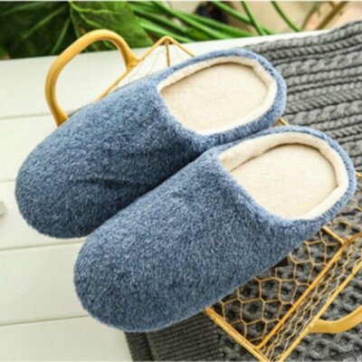 Blue Faux Fur Slippers Plush Fuzzy Soft Slip On, House Slippers, US SIZE 6-9