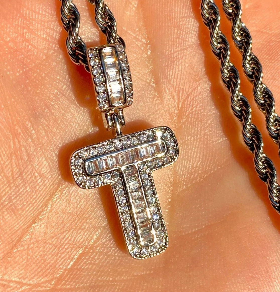 Initial Letter T Pendant Necklace Men s Women s Icy Silver icy Charm Rope Chain