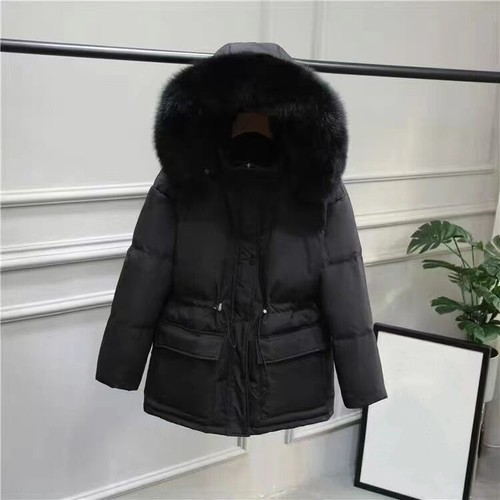 Slimming Drawstring Coat with Thick Fur Collar Hood Warm Winter Jacket Outwear - Picture 10 of 11
