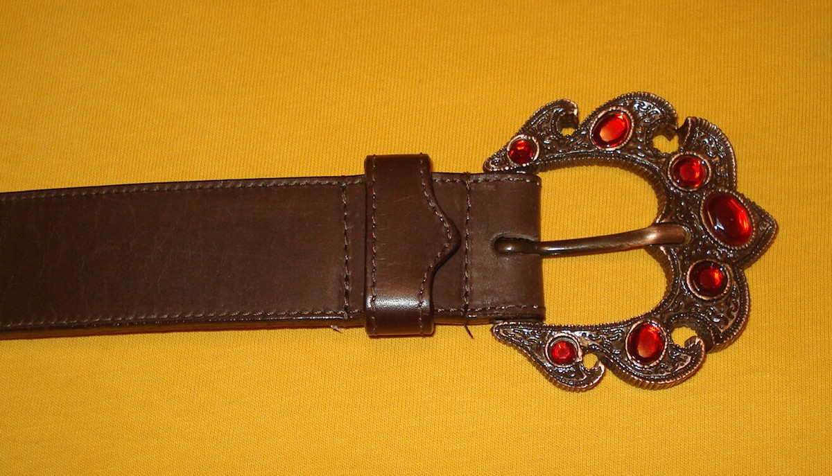 Donald J. Pliner Brown Leather Wide Waist Belt with Silver Western Buckle Medium Tooled Brown Leather Western Belt main image 2